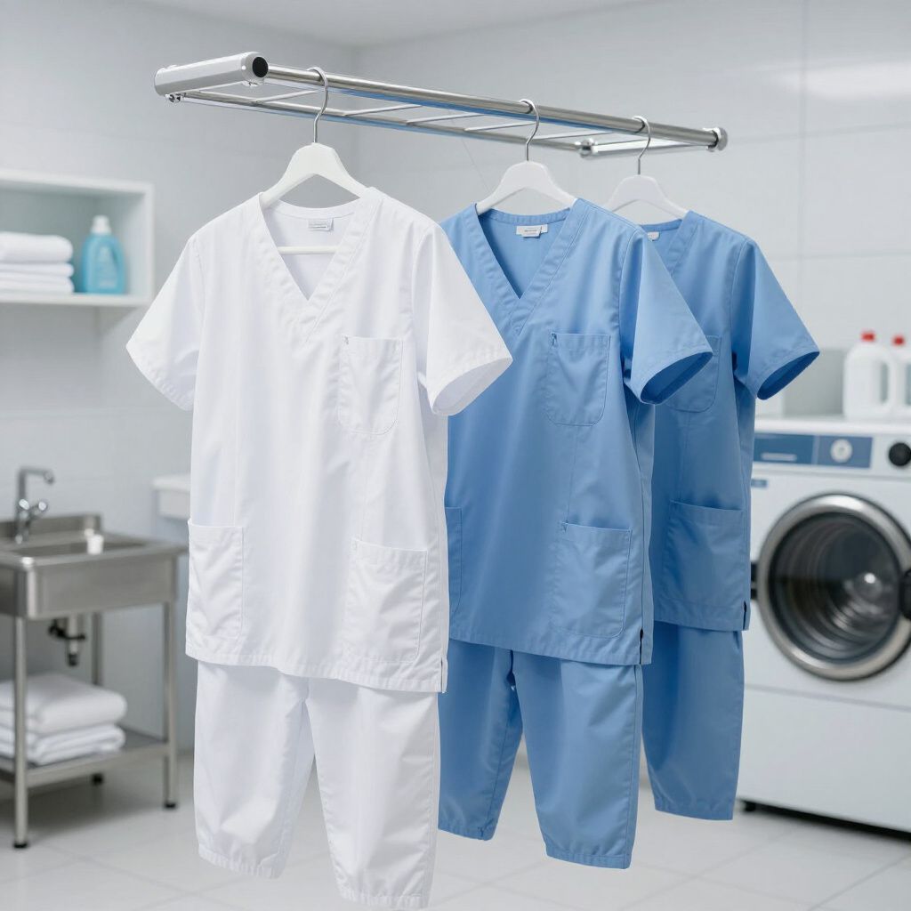 Ensembles d'uniformes médicaux bleus et blancs suspendus sur un séchoir en acier inoxydable dans une buanderie