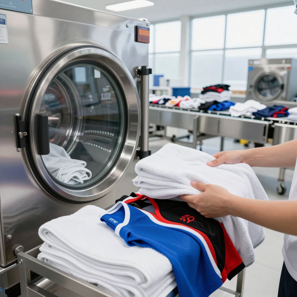 Mains d'employés de buanderie organisant des serviettes blanches pliées et des maillots de sport colorés sur un chariot
