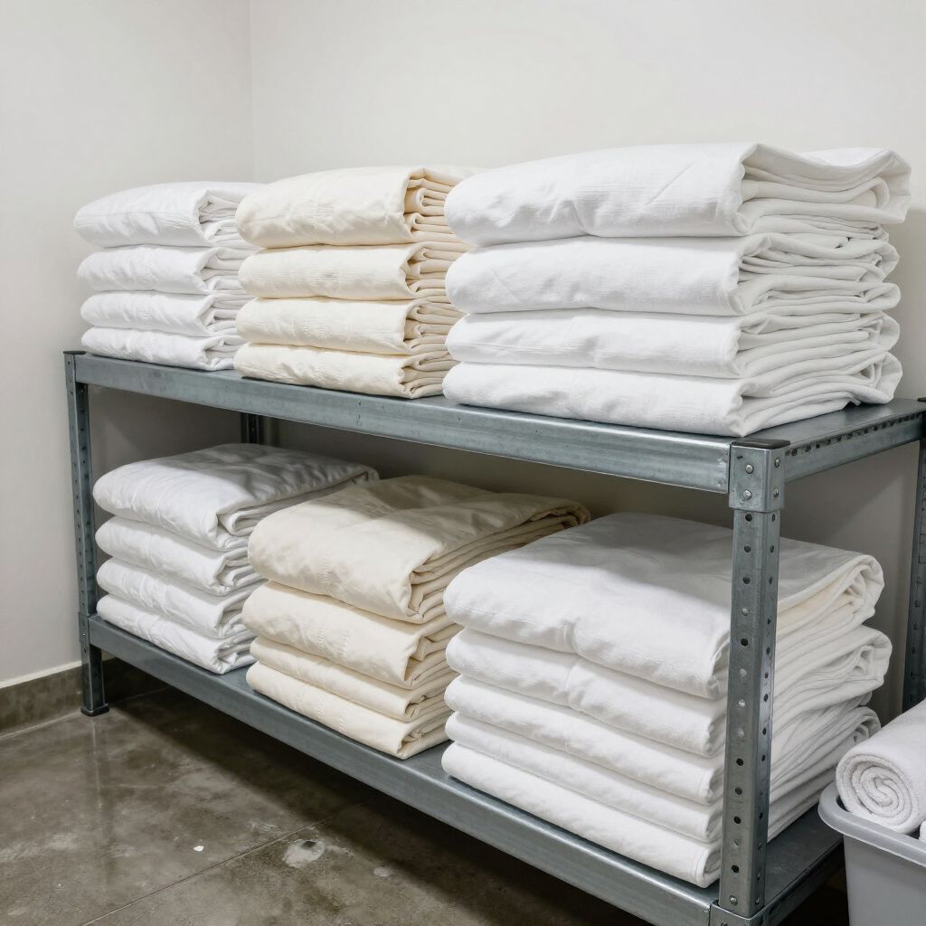Piles de literie blanche et de serviettes pliées sur des tablettes métalliques dans une réserve de linge d'hôtel